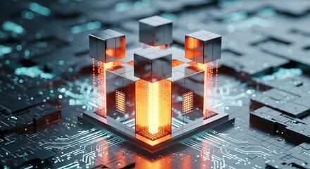A closeup of a complex circuit board with glowing orange cubes, symbolizing data processing, artificial intelligence, and advanced technology