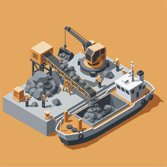 Isometric Mining Operation on Barge with Crane and Workers.