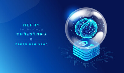 Christmas AI technology creative greeting card - Christmas ornaments glass ball as a futuristic server with AI brain and digital snow inside. Modern vector illustration © forestgraphic