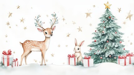 Sweet Christmas Deer & Rabbit with Tree &ndash; Pastel Watercolor Art