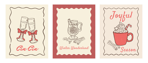 Set of hand draw retro Christmas postcards with holiday season drink vector illustration. Vintage greeting card with champagne, mulled wine, hot chocolate