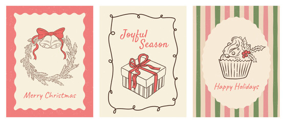 Hand draw Christmas greeting cards with wreath and bells, decorated cupcake, and gitf box vector illustration set. Winter joyful seasonal postcards.