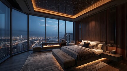 luxury bedroom interior overlooking night city skyline