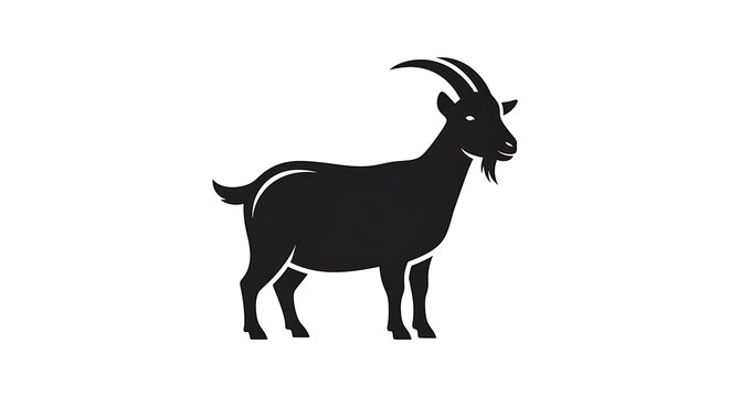 Black silhouette of a male goat with long curved horns standing still isolated on white background