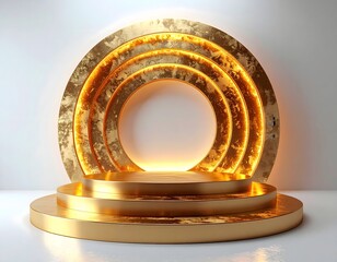 Luxurious glowing golden circular stage with modern metallic design high resolution picture