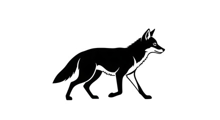 Naklejka premium Black silhouette of a walking fox with a bushy tail isolated on white background