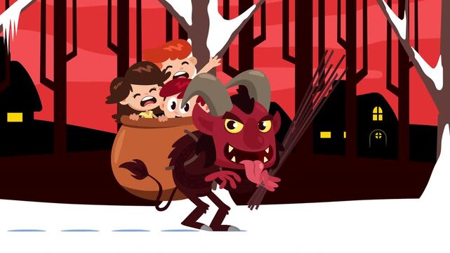 Krampus Or Christmas Devil Cartoon Character Walking With A Sack Of Crying Kids &ndash; 4K Animation Video Motion Graphics With Landscape Background