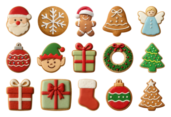 PNG Festive decorated Christmas cookies assortment, element set on transparent background