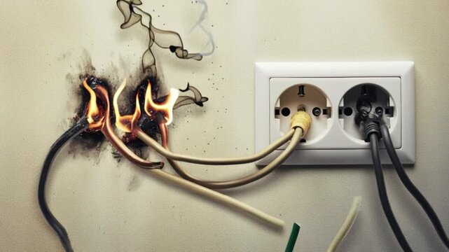 Electrical outlet fire hazard with burning wires, dangerous overheating cable fault causing smoke and sparks, home safety risk concept showing damaged socket and exposed conductors in critical failure