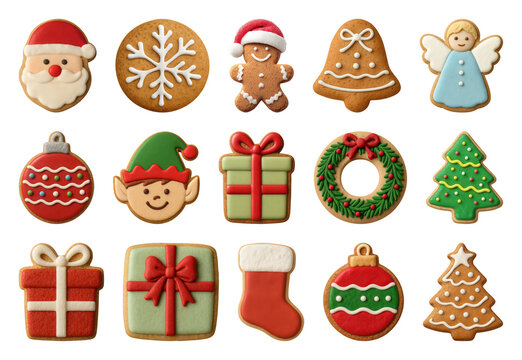 PNG Festive decorated Christmas cookies assortment, element set on transparent background