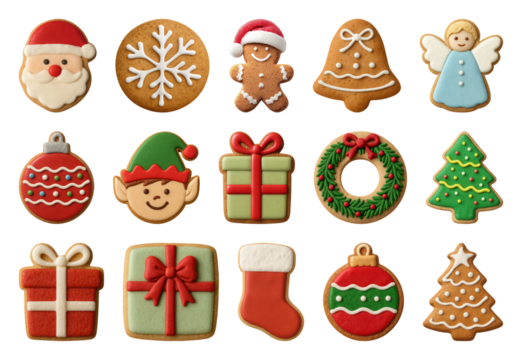 PNG Festive decorated Christmas cookies assortment, element set on transparent background