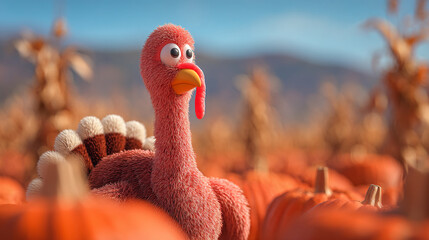 A pink cartoon turkey standing in a field of pumpkins on a sunny day outdoors
