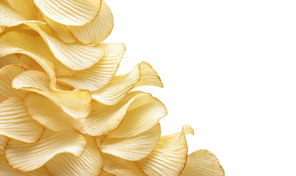 Stacked potato chips form layered edge against black