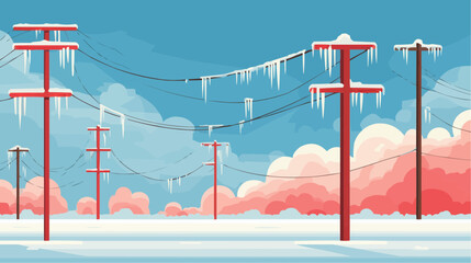 Icy power lines with hanging icicles against pink forest for winter packaging and seasonal decor