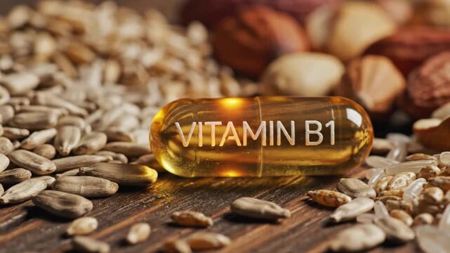 Golden Vitamin B1 Capsule Surrounded by Natural Grains and Seeds