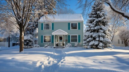 charming snowy blue house with festive details under bright winter sunlight