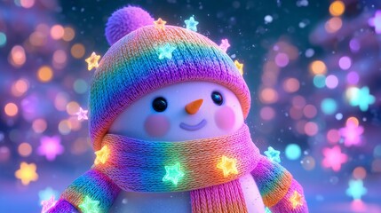 adorable glowing snowman with colorful festive lights in magical winter night