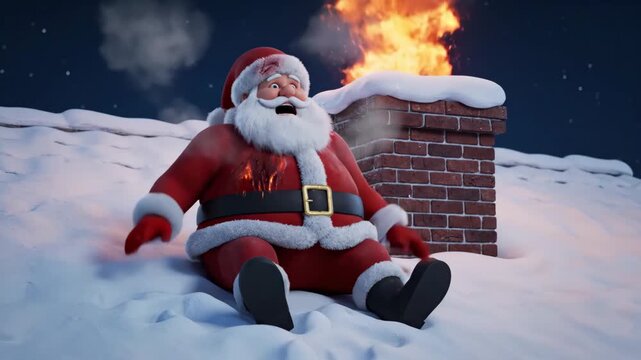 santa on rooftops, festive figure above snowy home, cheerful santa perched on snowcovered roof with glowing chimney nearby, joyful santa seated on wintery roof with sparks and soot rising.