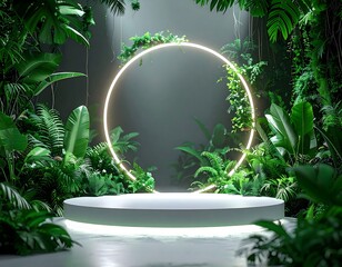 Elegant green botanical stage with glowing circular light design high resolution image