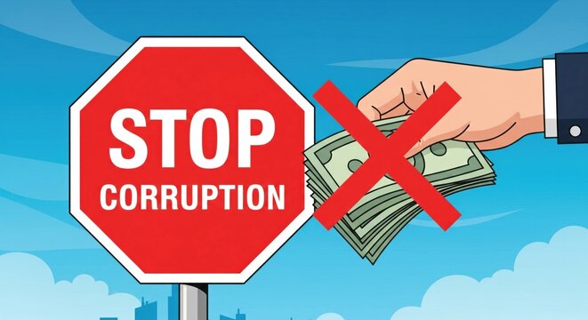 Red stop sign reading “Stop Corruption” and a crossed-out hand offering money. Ideal for campaigns, educational materials, government initiatives, and International Anti-Corruption Day