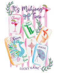 It's Mahjong Time Watercolor Clipart &ndash; Cute Hand-Drawn Mahjong Tiles on Pink and White Striped Background, Pastel Illustration for Cards, Stickers, Scrapbooking, and Digital Projects