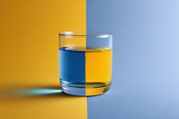 Photo of a glass with half blue and half yellow liquid, on a table, on a gradient background.