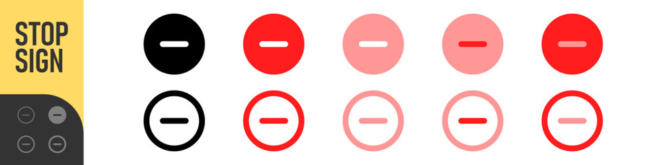 Minus remove icon set , stop sign. horizontal line, dash inside a circle in outline and solid for delete actions, reduce functions, deletion, quantity adjustment, and subtraction interface controls