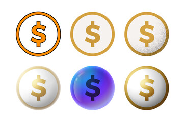 Dollar coin icon vector collection in modern glass styles. Detailed Dollar symbol vector illustration perfect for finance apps and web design