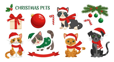 Christmas Pets Festive Animals in Holiday Spirit Vector Set