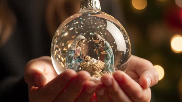 celebratory scene in glass ornament, decorative nativity set softly illuminated by gentle holiday glow, joyful christmas miniature scene encased in luminous glass with sparkling gold accents.