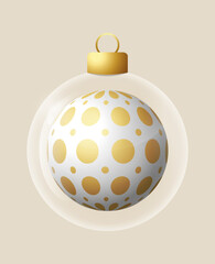 Circle white glass ornament vector bauble for stylish Silver Christmas and New Year decor. Transparent glass sphere vector illustration for festive xmas 3D graphic