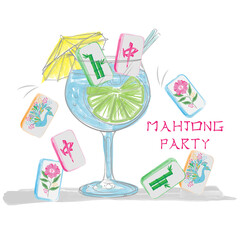 Mahjong Party Watercolor Clipart &ndash; Hand-Drawn Mahjong Tiles Floating in Glass for Mahjong Party, Cute Pastel Illustration for Cards, Stickers, and Creative Designs (Digital Download)