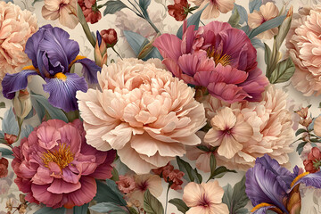 Vintage painting&ndash;style seamless vector composition featuring peony and iris blooms isolated on a customizable background for decorative floral design