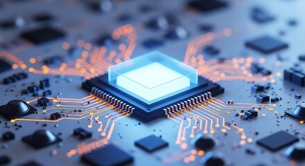 Closeup of a modern computer processor with glowing connections, representing the concept of artificial intelligence and advanced technology