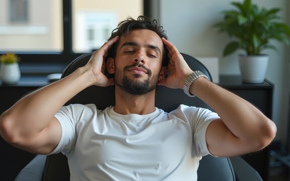 Successful arab freelancer guy resting holding hands behind head, relaxing at workplace after online work. High quality