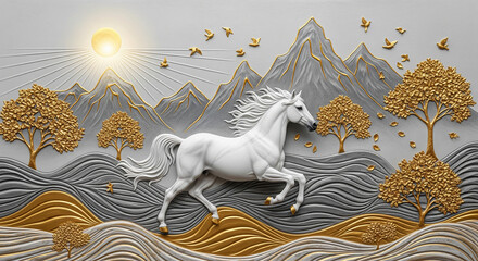 White Horse with Golden and Gray Hills – 3D Mural Wallpaper, decorative wall mural style