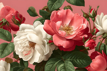 Timeless repeat vector layout featuring soft garden roses in pink tones isolated on an adaptable background, illustrated in an old-fashioned painted