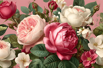 Seamless botanical vector artwork with elegant pink garden roses displayed on a flexible backdrop, executed with heritage vintage painting textures