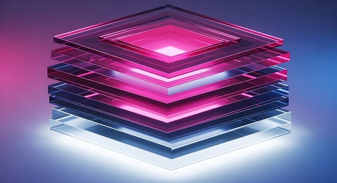 Abstract geometric layers with neon pink and blue lighting, creating a futuristic and technological aesthetic, perfect for digital backgrounds