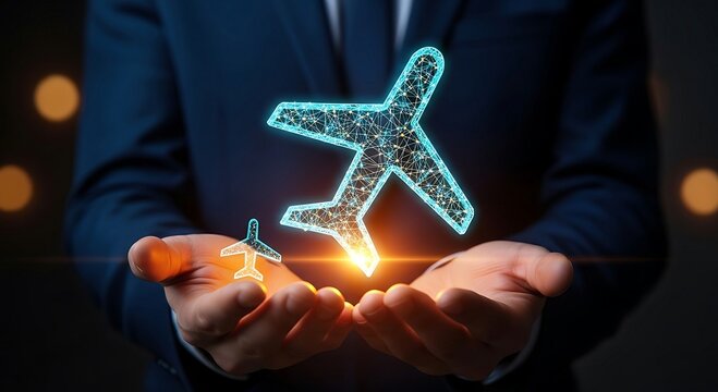 Businessman holding a glowing digital airplane, symbolizing travel, logistics, and global connectivity.
