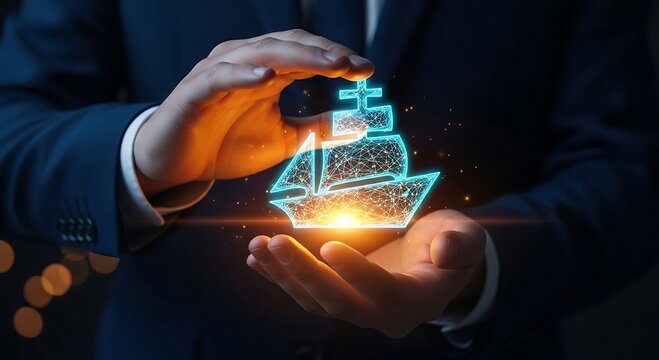 Businessman holding glowing digital ship icon in hands, representing maritime logistics and global trade.