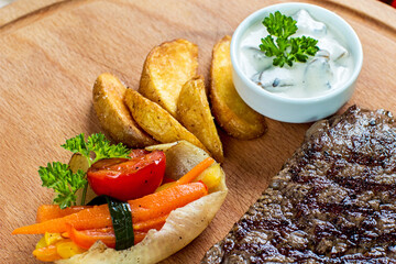 Grilled Sirloin Steak Served with Potato Wedges and Creamy Mushroom Sauce