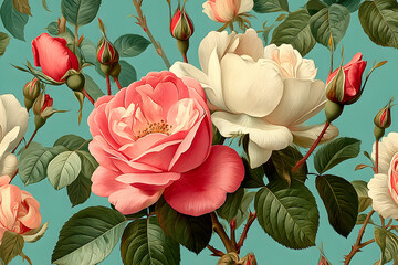 Endless repeat vector design showcasing soft pink rose blossoms placed on a changeable backdrop, illustrated in refined antique hand-painted botanical