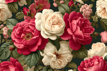 Seamless vector pattern featuring pink garden roses isolated on a customizable background, rendered in an elegant vintage painting style for classic floral designs