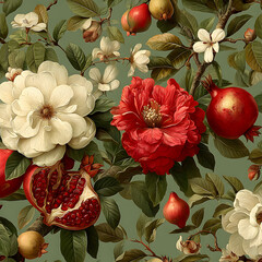 Looping vector pattern depicting ornate pomegranate vines and sculptural protea flowers resting on a modifiable backdrop, created with refined antique illustration detail