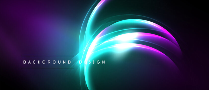 Abstract neon lights create vibrant curves. Dark background emphasizes glowing shapes, modern design element.
