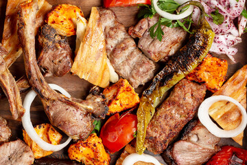 Mixed Grilled Meat Platter with Lamb Chops, Kebabs, and Roasted Vegetables