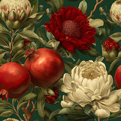 Repeating vector motif combining pomegranate clusters and striking protea flowers isolated over an adjustable backdrop, rendered with nostalgic retro painting textures