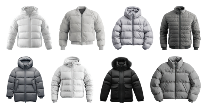 PNG Stylish winter puffer jackets collection, element set on transparent background