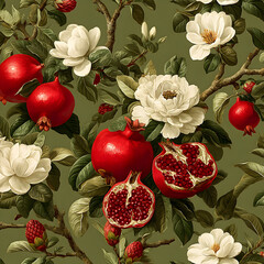 Seamless vector pattern featuring pomegranate branches intertwined with protea flowers, isolated on a customizable background and illustrated in elegant vintage painting